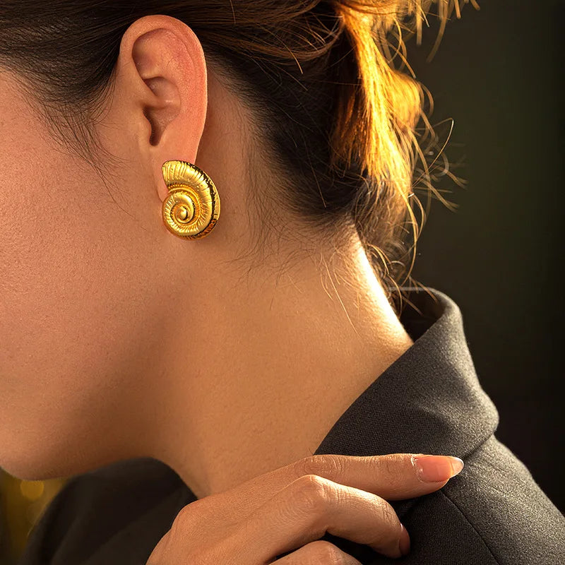 Geometric Gold Plated Spiral Conch Shell Earrings for Women