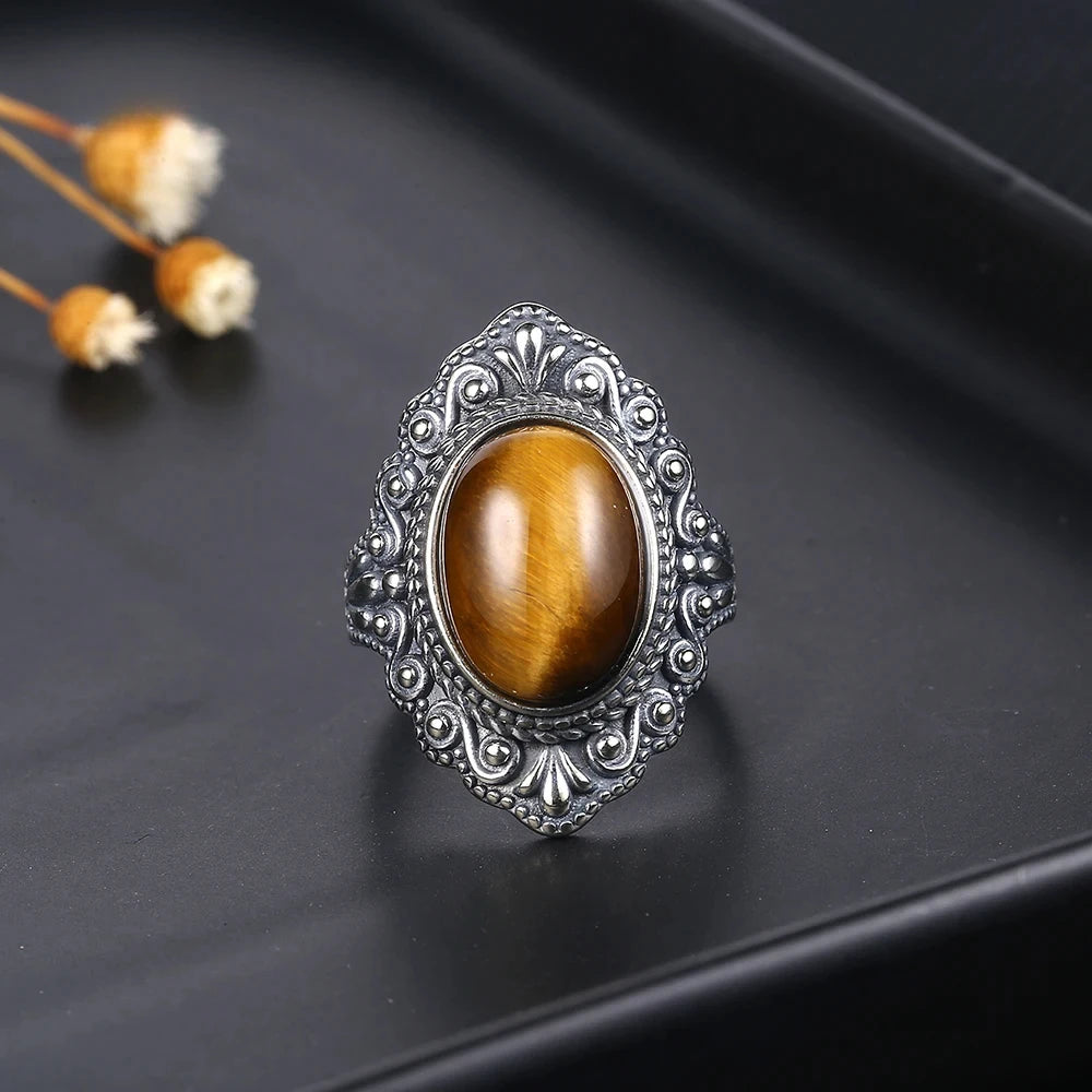 High Quality Natural Tiger Eye Rings 925 Sterling Silver