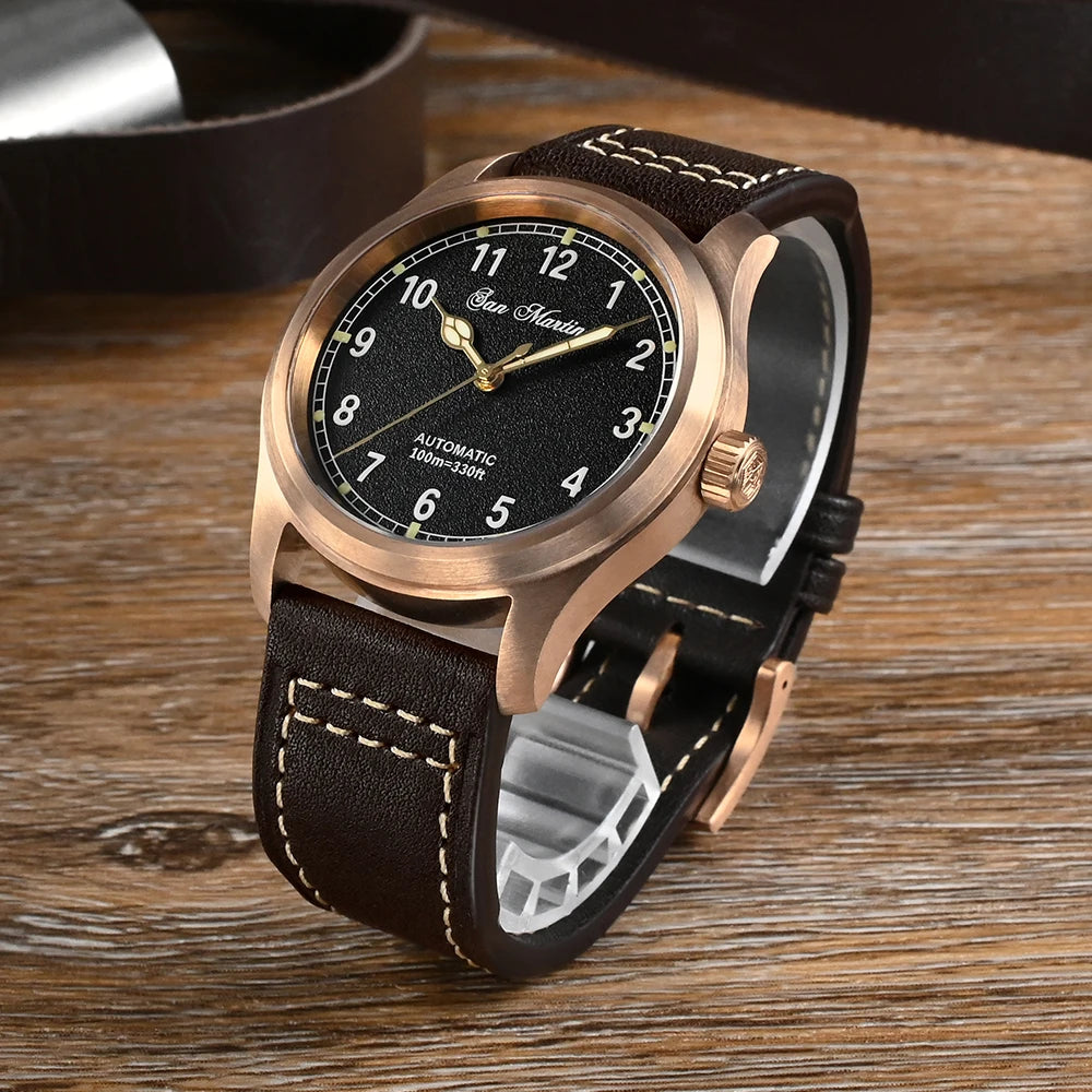 San Martin 37mm Bronze Pilot Watch - Automatic Mechanical, 100M Waterproof