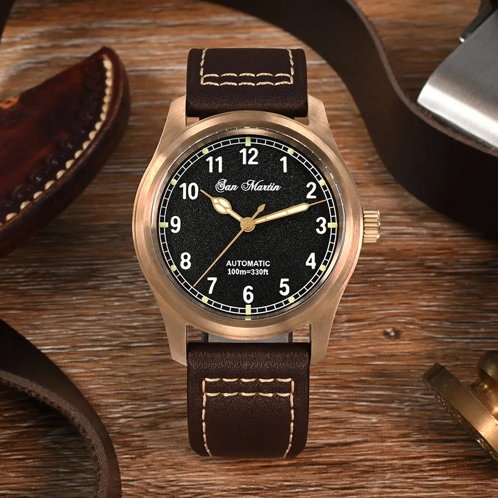 San Martin 37mm Bronze Pilot Watch - Automatic Mechanical, 100M Waterproof