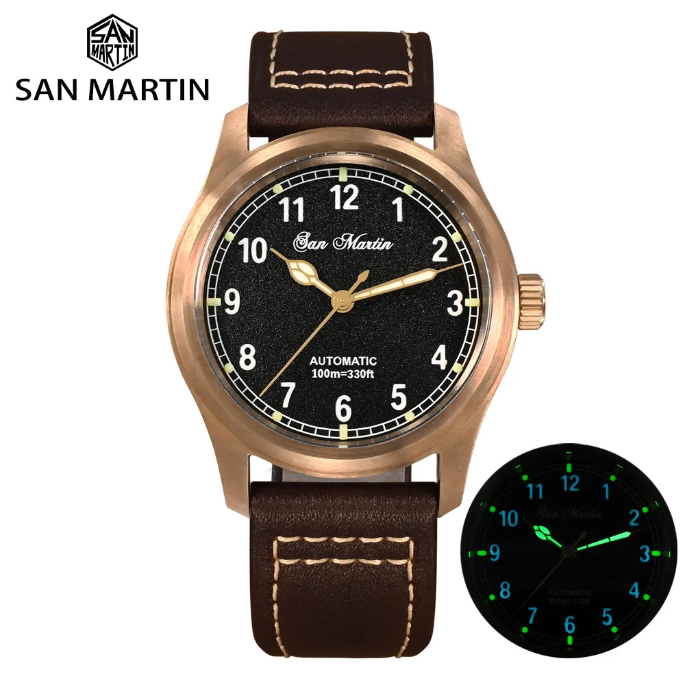 San Martin 37mm Bronze Pilot Watch - Automatic Mechanical, 100M Waterproof