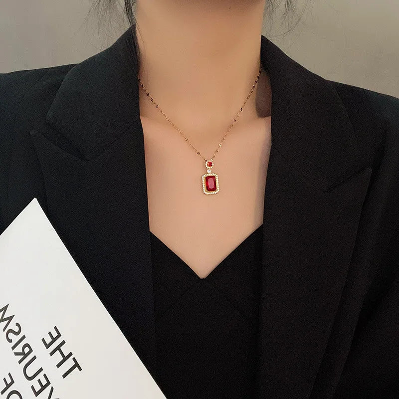 Stainless Steel Square Zircon Pendant Necklace for Women