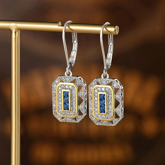 Vintage 925 Sterling Silver Gold Dangle Earrings with Sapphire & White CZ